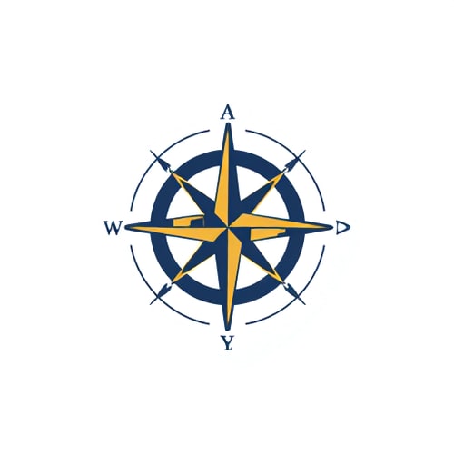 AI Design for Minimalist for a website offering interview preparation named "Career Compass": A stylized compass rose with a subtle, upward-pointing arrow integrated into one of its points. This symbolizes guidance and career progression. The arrow should be sleek and modern, not overtly literal. Dominant colors of deep navy blue and a muted gold, with subtle white accents for highlights. Typography should be a clean, modern sans-serif font, with a slightly bolder weight for the brand name. Design with a modern, professional, and aspirational influence. Visual execution should be flat design with clean lines and smooth gradients. White background.