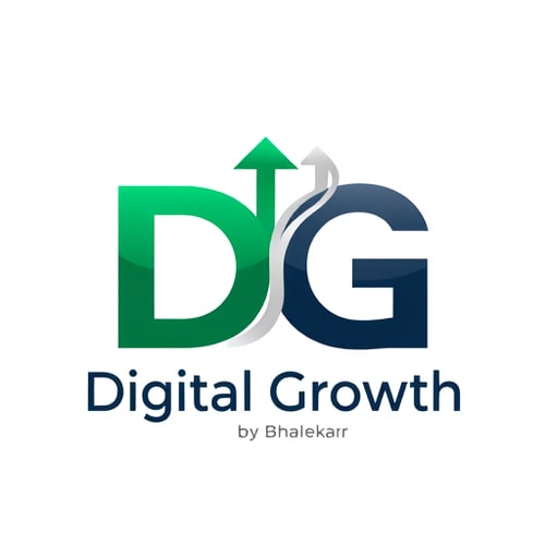 AI Design for Letterform for a digital marketing services company named "Digital Growth by Bhalekar": A stylized "DG" monogram with upward-trending arrows integrated into the forms, Emerald green, deep navy blue, and silver, with "Digital Growth" in a bold modern sans-serif and "by Bhalekar" in a lighter weight. Abstract and geometric, with clean, professional lines and ample negative space suggesting expansion, incorporating a subtle gradient on the arrows for depth. White background.