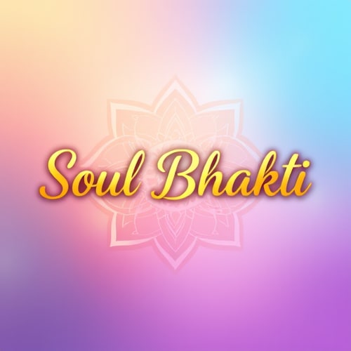 AI Design for A vibrant spiritual logo with the text "Soul Bhakti" in elegant golden font. Use a colorful gradient background with soft blends of saffron, blue, pink, and purple to give a divine aura. Add glowing effects around the text, with a subtle lotus mandala or Om pattern in the backdrop. The style should look modern, spiritual, and eye-catching.