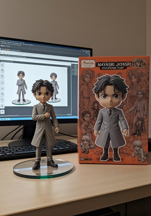 AI Design for Madala JAYASRI EDUCATIONAL TRUST letterform logo — with potho Create a 1/7 scale commercialized figurine of the characters in the picture, in a realistic style, in a real environment. The figurine is placed on a computer desk. The figurine has a round transparent acrylic base, with no text on the base. The content on the computer screen is a 3D modeling process of this figurine. Next to the computer screen is a toy packaging box, designed in a style reminiscent of high-quality collectible figures, printed with original artwork. The packaging features two- dimensional flat illustrations