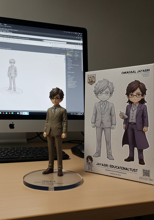 AI Design for Madala JAYASRI EDUCATIONAL TRUST letterform logo — with potho Create a 1/7 scale commercialized figurine of the characters in the picture, in a realistic style, in a real environment. The figurine is placed on a computer desk. The figurine has a round transparent acrylic base, with no text on the base. The content on the computer screen is a 3D modeling process of this figurine. Next to the computer screen is a toy packaging box, designed in a style reminiscent of high-quality collectible figures, printed with original artwork. The packaging features two- dimensional flat illustrations