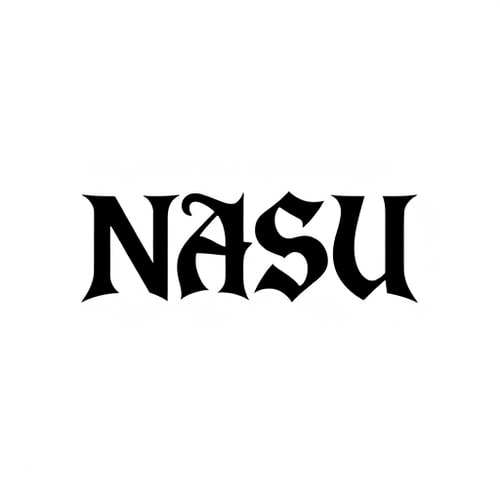 AI Design for "Design a bold and elegant logo for the brand 'NASU' in a gothic/blackletter style similar to the attached reference. Use sharp, angular lines with a strong vertical emphasis and symmetrical structure. Letters should be stylized and interlocked, creating a modern yet classic calligraphic feel. Color palette: black on white background for a clean, high-contrast look. The logo should feel powerful, timeless, and suitable for a premium design/editing company. Ensure readability while keeping the intricate gothic style."