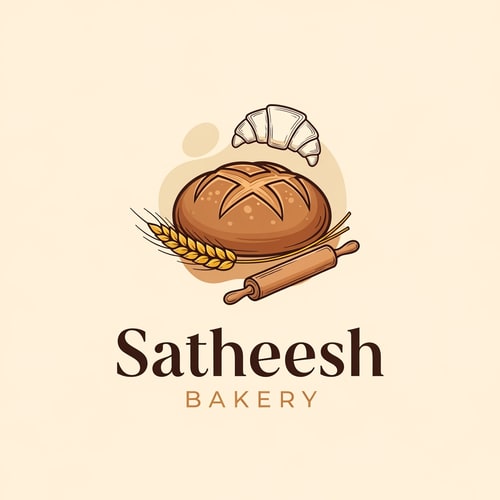 AI Design for Design a professional, warm, and inviting logo for a bakery named “Satheesh Bakery”. The logo should represent freshness, quality, and handcrafted baked goods. Use appetizing color tones such as warm brown, cream, beige, golden yellow, or soft pastel shades. Include subtle bakery-related elements like bread, wheat, croissant, cake, rolling pin, or oven icons, while keeping the design clean and minimal. Choose elegant, friendly, and readable typography—preferably a modern serif or handcrafted-style font. The logo should feel timeless and trustworthy, suitable for bakery storefront signage, packaging, menu cards, takeaway boxes, social media, and branding materials. Ensure the full name “Satheesh Bakery” is clearly visible and well-balanced in the design.
