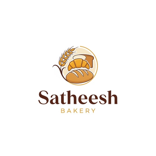AI Design for Design a professional, warm, and inviting logo for a bakery named “Satheesh Bakery”. The logo should represent freshness, quality, and handcrafted baked goods. Use appetizing color tones such as warm brown, cream, beige, golden yellow, or soft pastel shades. Include subtle bakery-related elements like bread, wheat, croissant, cake, rolling pin, or oven icons, while keeping the design clean and minimal. Choose elegant, friendly, and readable typography—preferably a modern serif or handcrafted-style font. The logo should feel timeless and trustworthy, suitable for bakery storefront signage, packaging, menu cards, takeaway boxes, social media, and branding materials. Ensure the full name “Satheesh Bakery” is clearly visible and well-balanced in the design.