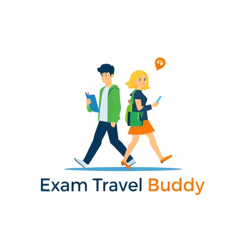 AI Design for Logo design for "Exam Travel Buddy" app — two students (one boy and one girl) walking together as if going to give an exam, holding simple items like a book or bag. Add subtle travel + exam elements (location pin, clock, calendar, or path ahead). Modern, flat, and minimal style with clean lines. Colors: Blue, Green, and Orange. Friendly, professional, and student-focused — perfect for an app icon and branding.