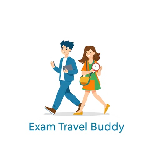 AI Design for Logo design for "Exam Travel Buddy" app — two students (one boy and one girl) walking together as if going to give an exam, holding simple items like a book or bag. Add subtle travel + exam elements (location pin, clock, calendar, or path ahead). Modern, flat, and minimal style with clean lines. Colors: Blue, Green, and Orange. Friendly, professional, and student-focused — perfect for an app icon and branding.