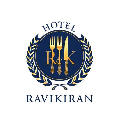 AI Design for Emblem for a hotel with restaurants and accommodation named "R" & "K": a crest featuring a stylized key integrated with a fork and knife, symbolizing both lodging and dining, encircled by a laurel wreath. Color palette: deep navy blue, sophisticated gold, and crisp white. Typography: elegant serif font for "HOTEL RAVIKIRAN" and a slightly more modern sans-serif for any tagline. Design inspired by vintage hotel stationery and classic heraldry, with a focus on clean lines and detailed engraving. Visual execution: subtle metallic sheen on the gold elements, sharp and defined edges for the crest. Background type: white.