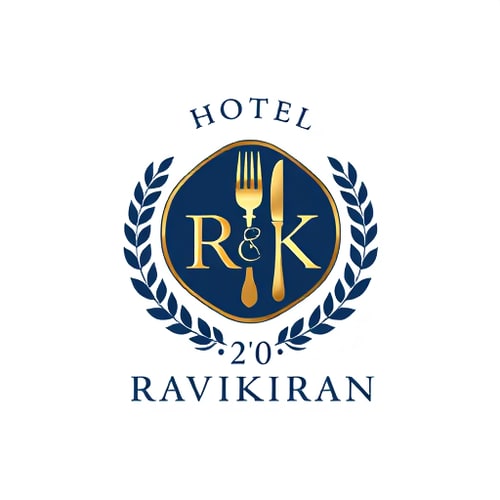 AI Design for Emblem for a hotel with restaurants and accommodation named "R" & "K": a crest featuring a stylized key integrated with a fork and knife, symbolizing both lodging and dining, encircled by a laurel wreath. Color palette: deep navy blue, sophisticated gold, and crisp white. Typography: elegant serif font for "HOTEL RAVIKIRAN" and a slightly more modern sans-serif for any tagline. Design inspired by vintage hotel stationery and classic heraldry, with a focus on clean lines and detailed engraving. Visual execution: subtle metallic sheen on the gold elements, sharp and defined edges for the crest. Background type: white.
