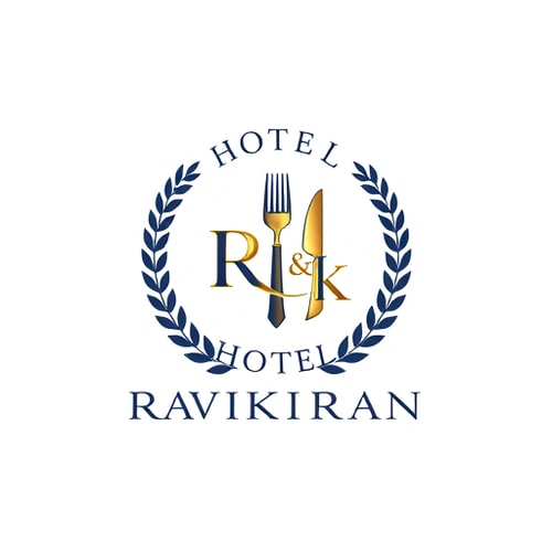 AI Design for Emblem for a hotel with restaurants and accommodation named "R" & "K": a crest featuring a stylized key integrated with a fork and knife, symbolizing both lodging and dining, encircled by a laurel wreath. Color palette: deep navy blue, sophisticated gold, and crisp white. Typography: elegant serif font for "HOTEL RAVIKIRAN" and a slightly more modern sans-serif for any tagline. Design inspired by vintage hotel stationery and classic heraldry, with a focus on clean lines and detailed engraving. Visual execution: subtle metallic sheen on the gold elements, sharp and defined edges for the crest. Background type: white.