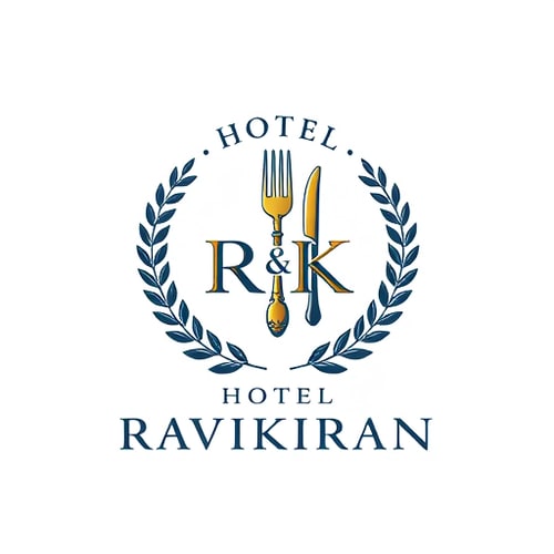 AI Design for Emblem for a hotel with restaurants and accommodation named "R" & "K": a crest featuring a stylized key integrated with a fork and knife, symbolizing both lodging and dining, encircled by a laurel wreath. Color palette: deep navy blue, sophisticated gold, and crisp white. Typography: elegant serif font for "HOTEL RAVIKIRAN" and a slightly more modern sans-serif for any tagline. Design inspired by vintage hotel stationery and classic heraldry, with a focus on clean lines and detailed engraving. Visual execution: subtle metallic sheen on the gold elements, sharp and defined edges for the crest. Background type: white.