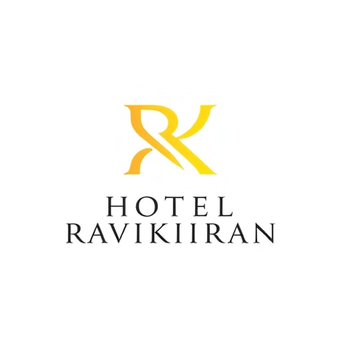 AI Design for Letterform logo for a luxury hotel named "HOTEL RAVIKIRAN": Intertwined "R" and "K" forming an abstract monogram, Yellow/golden over white background. Design with sophisticated and timeless visual execution, and a clean white background. use your idea also. add suitable background design for yellow/golden colour.