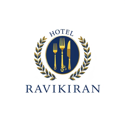 AI Design for Emblem for a hotel with restaurants and accommodation named "Hotel Ravikiran": a crest featuring a stylized key integrated with a fork and knife, symbolizing both lodging and dining, encircled by a laurel wreath. Color palette: deep navy blue, sophisticated gold, and crisp white. Typography: elegant serif font for "HOTEl RAVIKIRAN" and a slightly more modern sans-serif for any tagline. Design inspired by vintage hotel stationery and classic heraldry, with a focus on clean lines and detailed engraving. Visual execution: subtle metallic sheen on the gold elements, sharp and defined edges for the crest. Background type: white.