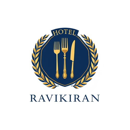 AI Design for Emblem for a hotel with restaurants and accommodation named "Hotel Ravikiran": a crest featuring a stylized key integrated with a fork and knife, symbolizing both lodging and dining, encircled by a laurel wreath. Color palette: deep navy blue, sophisticated gold, and crisp white. Typography: elegant serif font for "HOTEl RAVIKIRAN" and a slightly more modern sans-serif for any tagline. Design inspired by vintage hotel stationery and classic heraldry, with a focus on clean lines and detailed engraving. Visual execution: subtle metallic sheen on the gold elements, sharp and defined edges for the crest. Background type: white.