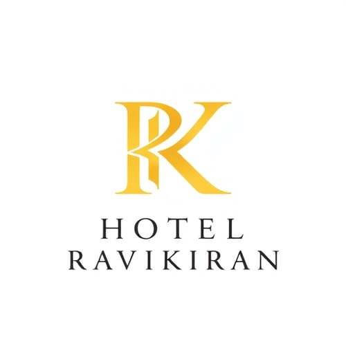 AI Design for Letterform logo for a luxury hotel named "HOTEL RAVIKIRAN": Intertwined "R" and "K" forming an abstract monogram, Yellow/golden over white background. Design with sophisticated and timeless visual execution, and a clean white background. use your idea also. add suitable background design for yellow/golden colour.