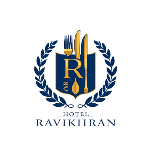 AI Design for Emblem for a hotel with restaurants and accommodation named "Hotel Luxuria": a crest featuring a stylized key integrated with a fork and knife, symbolizing both lodging and dining, encircled by a laurel wreath. Color palette: deep navy blue, sophisticated gold, and crisp white. Typography: elegant serif font for "Hotel Luxuria" and a slightly more modern sans-serif for any tagline. Design inspired by vintage hotel stationery and classic heraldry, with a focus on clean lines and detailed engraving. Visual execution: subtle metallic sheen on the gold elements, sharp and defined edges for the crest. Background type: white.The logo should contain Initials "R" & "K" and below that "HOTEL RAVIKIRAN" should be written. show more designs