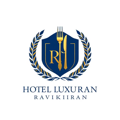 AI Design for Emblem for a hotel with restaurants and accommodation named "Hotel Luxuria": a crest featuring a stylized key integrated with a fork and knife, symbolizing both lodging and dining, encircled by a laurel wreath. Color palette: deep navy blue, sophisticated gold, and crisp white. Typography: elegant serif font for "Hotel Luxuria" and a slightly more modern sans-serif for any tagline. Design inspired by vintage hotel stationery and classic heraldry, with a focus on clean lines and detailed engraving. Visual execution: subtle metallic sheen on the gold elements, sharp and defined edges for the crest. Background type: white.The logo should contain Initials "R" & "K" and below that "HOTEL RAVIKIRAN" should be written. show more designs
