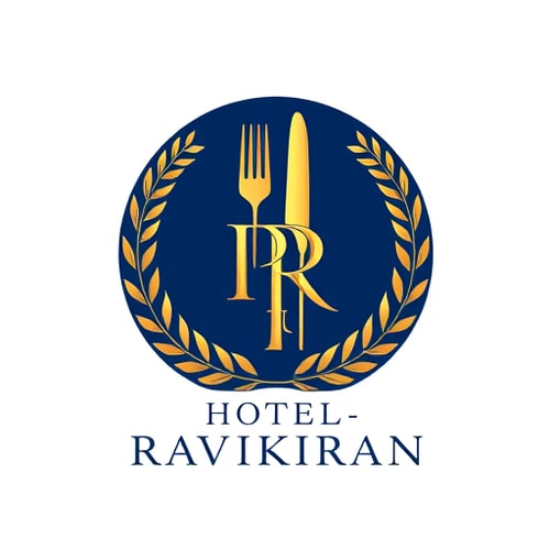 AI Design for Emblem for a hotel with restaurants and accommodation named "Hotel Ravikiran": a crest featuring a stylized key integrated with a fork and knife, symbolizing both lodging and dining, encircled by a laurel wreath. Color palette: deep navy blue, sophisticated gold, and crisp white. Typography: elegant serif font for "Hotel Luxuria" and a slightly more modern sans-serif for any tagline. Design inspired by vintage hotel stationery and classic heraldry, with a focus on clean lines and detailed engraving. Visual execution: subtle metallic sheen on the gold elements, sharp and defined edges for the crest. Background type: white.The logo should contain Initials "R" & "K" and below that "HOTEL RAVIKIRAN" should be written. show more designs