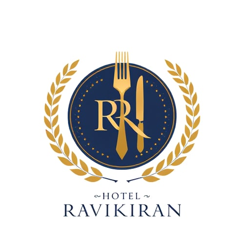 AI Design for Emblem for a hotel with restaurants and accommodation named "Hotel Ravikiran": a crest featuring a stylized key integrated with a fork and knife, symbolizing both lodging and dining, encircled by a laurel wreath. Color palette: deep navy blue, sophisticated gold, and crisp white. Typography: elegant serif font for "Hotel Luxuria" and a slightly more modern sans-serif for any tagline. Design inspired by vintage hotel stationery and classic heraldry, with a focus on clean lines and detailed engraving. Visual execution: subtle metallic sheen on the gold elements, sharp and defined edges for the crest. Background type: white.The logo should contain Initials "R" & "K" and below that "HOTEL RAVIKIRAN" should be written. show more designs