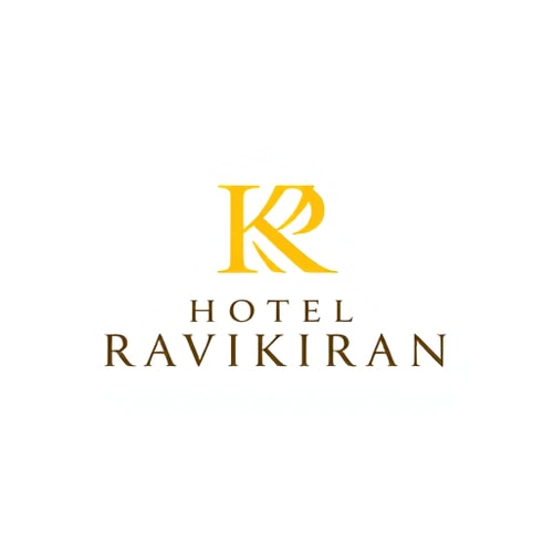 AI Design for Letterform logo for a luxury hotel named "HOTEL RAVIKIRAN": Intertwined "R" and "K" forming an abstract monogram, Yellow/golden over white background. Design with sophisticated and timeless visual execution, and a clean white background.
