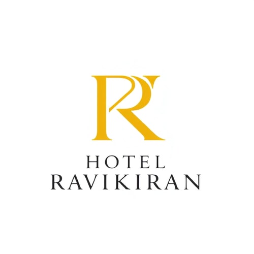 AI Design for Letterform logo for a luxury hotel named "HOTEL RAVIKIRAN": Intertwined "R" and "K" forming an abstract monogram, Yellow/golden over white background. Design with sophisticated and timeless visual execution, and a clean white background.
