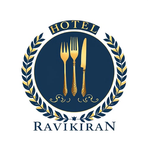AI Design for Emblem for a hotel with restaurants and accommodation named "Hotel Ravikiran": a crest featuring a stylized key integrated with a fork and knife, symbolizing both lodging and dining, encircled by a laurel wreath. Color palette: deep navy blue, sophisticated gold, and crisp white. Typography: elegant serif font for "HOTEl RAVIKIRAN" and a slightly more modern sans-serif for any tagline. Design inspired by vintage hotel stationery and classic heraldry, with a focus on clean lines and detailed engraving. Visual execution: subtle metallic sheen on the gold elements, sharp and defined edges for the crest. Background type: white. The logo must contains "R" & "K".