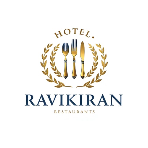 AI Design for Emblem for a hotel with restaurants and accommodation named "Hotel Ravikiran": a crest featuring a stylized key integrated with a fork and knife, symbolizing both lodging and dining, encircled by a laurel wreath. Color palette: deep navy blue, sophisticated gold, and crisp white. Typography: elegant serif font for "HOTEl RAVIKIRAN" and a slightly more modern sans-serif for any tagline. Design inspired by vintage hotel stationery and classic heraldry, with a focus on clean lines and detailed engraving. Visual execution: subtle metallic sheen on the gold elements, sharp and defined edges for the crest. Background type: white. The logo must contains "R" & "K".