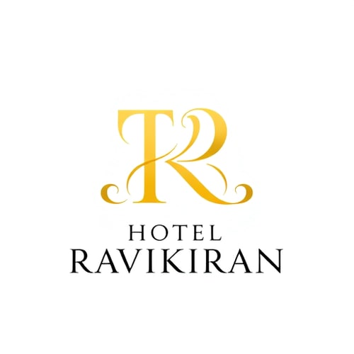 AI Design for Letterform logo for a luxury hotel named "HOTEL RAVIKIRAN": Intertwined "R" and "K" forming an abstract monogram, Yellow/golden over white background. Design with an art deco influence and stylistic direction, featuring elegant curves and intricate linework, a sophisticated and timeless visual execution, and a clean white background.