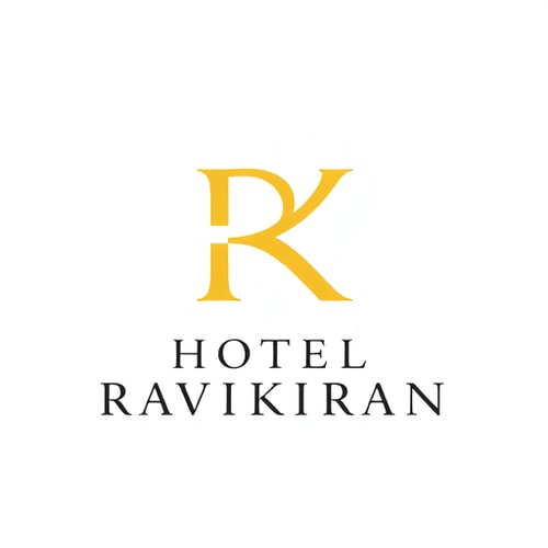 AI Design for Letterform logo for a luxury hotel named "HOTEL RAVIKIRAN": Intertwined "R" and "K" forming an abstract monogram, Yellow/golden over white background. Design with sophisticated and timeless visual execution, and a clean white background. use your idea also. add suitable background design for yellow/golden colour.