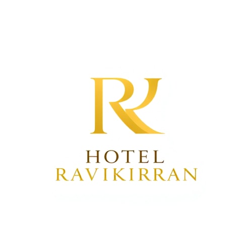 AI Design for Letterform logo for a luxury hotel named "HOTEL RAVIKIRAN": Intertwined "R" and "K" forming an abstract monogram, Yellow/golden over white background. Design with sophisticated and timeless visual execution, and a clean white background. use your idea aslo