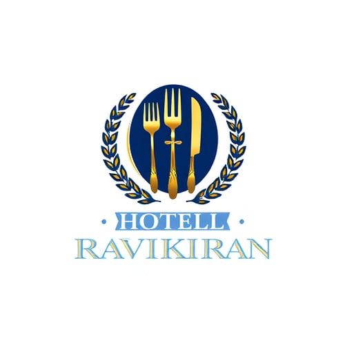 AI Design for Emblem for a hotel with restaurants and accommodation named "Hotel Ravikiran": a crest featuring a stylized key integrated with a fork and knife, symbolizing both lodging and dining, encircled by a laurel wreath. Color palette: deep navy blue, sophisticated gold, and crisp white. Typography: elegant serif font for "HOTEll RAVIKIRAN" and a slightly more modern sans-serif for any tagline. Design inspired by vintage hotel stationery and classic heraldry, with a focus on clean lines and detailed engraving. Visual execution: subtle metallic sheen on the gold elements, sharp and defined edges for the crest. Background type: white.
