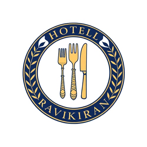 AI Design for Emblem for a hotel with restaurants and accommodation named "Hotel Ravikiran": a crest featuring a stylized key integrated with a fork and knife, symbolizing both lodging and dining, encircled by a laurel wreath. Color palette: deep navy blue, sophisticated gold, and crisp white. Typography: elegant serif font for "HOTEll RAVIKIRAN" and a slightly more modern sans-serif for any tagline. Design inspired by vintage hotel stationery and classic heraldry, with a focus on clean lines and detailed engraving. Visual execution: subtle metallic sheen on the gold elements, sharp and defined edges for the crest. Background type: white.