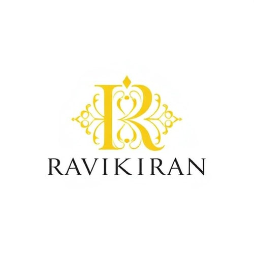 AI Design for Letterform logo for a luxury hotel named "HOTEL RAVIKIRAN": Intertwined "R" and "K" forming an abstract monogram, Yellow/golden over white background. Design with an art deco influence and art nouveau stylistic direction, featuring elegant curves and intricate linework, a sophisticated and timeless visual execution, and a clean white background.