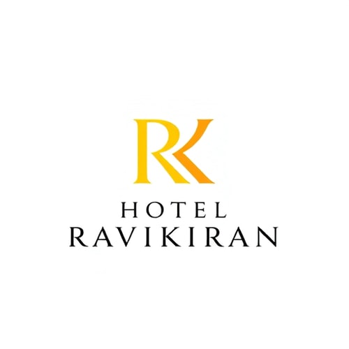 AI Design for Letterform logo for a luxury hotel named "HOTEL RAVIKIRAN": Intertwined "R" and "K" forming an abstract monogram, Yellow/golden over white background. Design with sophisticated and timeless visual execution, and a clean white background.