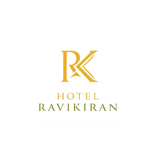 AI Design for Letterform logo for a luxury hotel named "HOTEL RAVIKIRAN": Intertwined "R" and "K" forming an abstract monogram, Yellow/golden over white background. Design with sophisticated and timeless visual execution, and a clean white background.