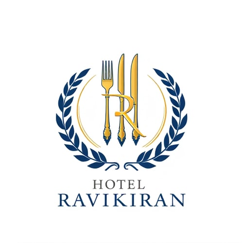 AI Design for Emblem for a hotel with restaurants and accommodation named "Hotel Luxuria": a crest featuring a stylized key integrated with a fork and knife, symbolizing both lodging and dining, encircled by a laurel wreath. Color palette: deep navy blue, sophisticated gold, and crisp white. Typography: elegant serif font for "Hotel Luxuria" and a slightly more modern sans-serif for any tagline. Design inspired by vintage hotel stationery and classic heraldry, with a focus on clean lines and detailed engraving. Visual execution: subtle metallic sheen on the gold elements, sharp and defined edges for the crest. Background type: white.The logo should contain Initials "R" & "K" and below that "HOTEL RAVIKIRAN" should be written.
