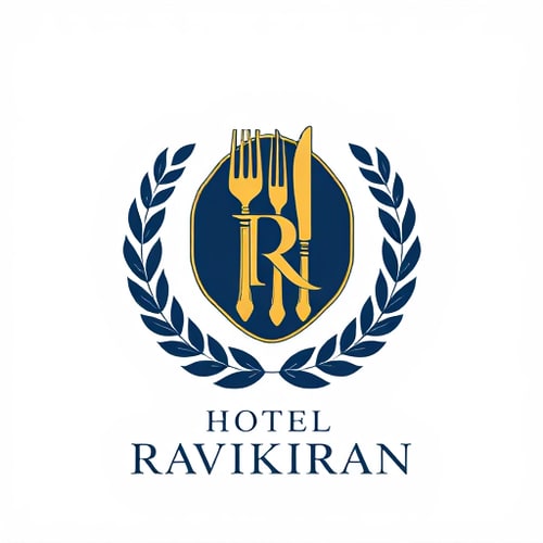 AI Design for Emblem for a hotel with restaurants and accommodation named "Hotel Luxuria": a crest featuring a stylized key integrated with a fork and knife, symbolizing both lodging and dining, encircled by a laurel wreath. Color palette: deep navy blue, sophisticated gold, and crisp white. Typography: elegant serif font for "Hotel Luxuria" and a slightly more modern sans-serif for any tagline. Design inspired by vintage hotel stationery and classic heraldry, with a focus on clean lines and detailed engraving. Visual execution: subtle metallic sheen on the gold elements, sharp and defined edges for the crest. Background type: white.The logo should contain Initials "R" & "K" and below that "HOTEL RAVIKIRAN" should be written.