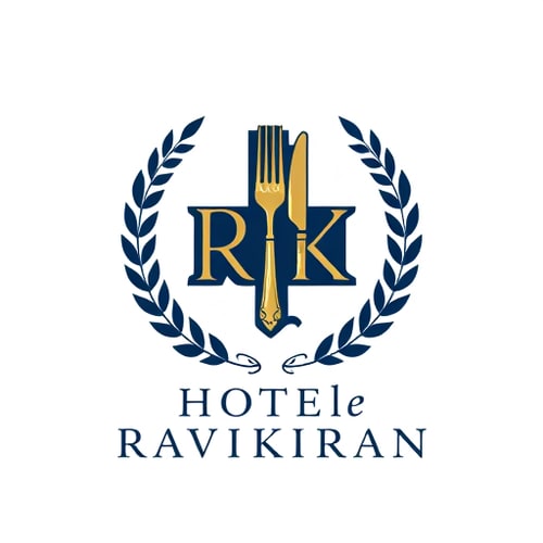 AI Design for Emblem for a hotel with restaurants and accommodation named "R" & "K": a crest featuring a stylized key integrated with a fork and knife, symbolizing both lodging and dining, encircled by a laurel wreath. Color palette: deep navy blue, sophisticated gold, and crisp white. Typography: elegant serif font for "HOTEl RAVIKIRAN" and a slightly more modern sans-serif for any tagline. Design inspired by vintage hotel stationery and classic heraldry, with a focus on clean lines and detailed engraving. Visual execution: subtle metallic sheen on the gold elements, sharp and defined edges for the crest. Background type: white.