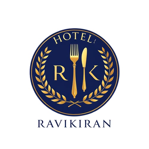 AI Design for Emblem for a hotel with restaurants and accommodation named "R" & "K": a crest featuring a stylized key integrated with a fork and knife, symbolizing both lodging and dining, encircled by a laurel wreath. Color palette: deep navy blue, sophisticated gold, and crisp white. Typography: elegant serif font for "HOTEl RAVIKIRAN" and a slightly more modern sans-serif for any tagline. Design inspired by vintage hotel stationery and classic heraldry, with a focus on clean lines and detailed engraving. Visual execution: subtle metallic sheen on the gold elements, sharp and defined edges for the crest. Background type: white.