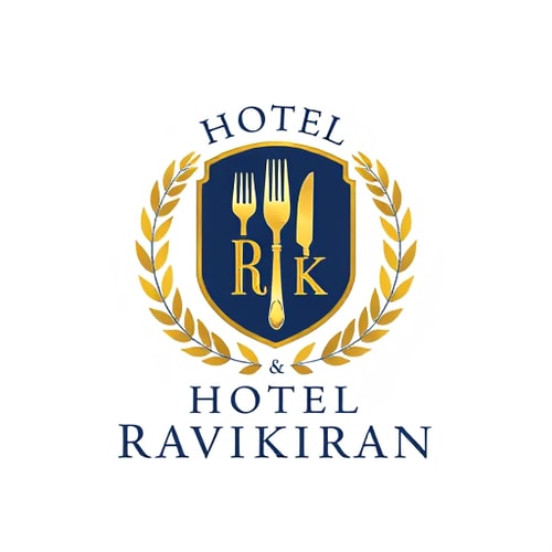 AI Design for Emblem for a hotel with restaurants and accommodation named "R" & "K": a crest featuring a stylized key integrated with a fork and knife, symbolizing both lodging and dining, encircled by a laurel wreath. Color palette: deep navy blue, sophisticated gold, and crisp white. Typography: elegant serif font for "HOTEL RAVIKIRAN" and a slightly more modern sans-serif for any tagline. Design inspired by vintage hotel stationery and classic heraldry, with a focus on clean lines and detailed engraving. Visual execution: subtle metallic sheen on the gold elements, sharp and defined edges for the crest. Background type: white.