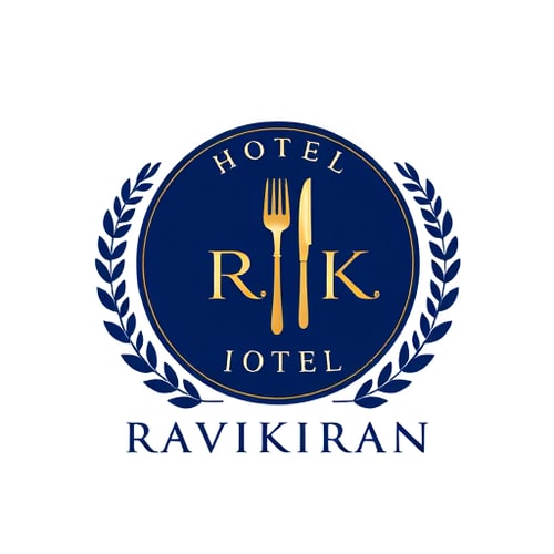 AI Design for Emblem for a hotel with restaurants and accommodation named "R" & "K": a crest featuring a stylized key integrated with a fork and knife, symbolizing both lodging and dining, encircled by a laurel wreath. Color palette: deep navy blue, sophisticated gold, and crisp white. Typography: elegant serif font for "HOTEL RAVIKIRAN" and a slightly more modern sans-serif for any tagline. Design inspired by vintage hotel stationery and classic heraldry, with a focus on clean lines and detailed engraving. Visual execution: subtle metallic sheen on the gold elements, sharp and defined edges for the crest. Background type: white.