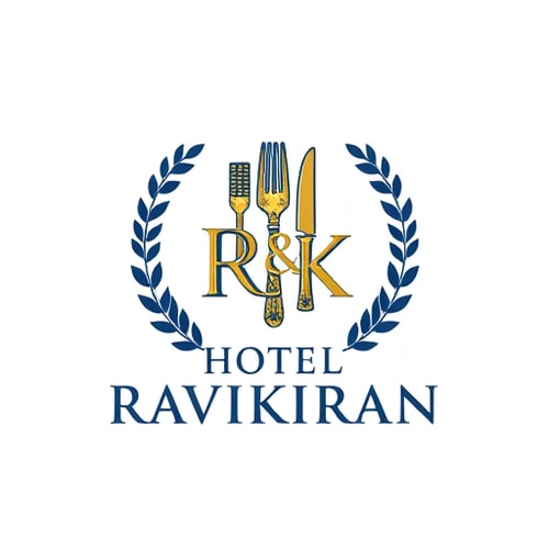 AI Design for Emblem for a hotel with restaurants and accommodation named "R" & "K": a crest featuring a stylized key integrated with a fork and knife, symbolizing both lodging and dining, encircled by a laurel wreath. Color palette: deep navy blue, sophisticated gold, and crisp white. Typography: elegant serif font for "HOTEL RAVIKIRAN" and a slightly more modern sans-serif for any tagline. Design inspired by vintage hotel stationery and classic heraldry, with a focus on clean lines and detailed engraving. Visual execution: subtle metallic sheen on the gold elements, sharp and defined edges for the crest. Background type: white.
