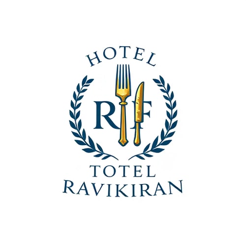 AI Design for Emblem for a hotel with restaurants and accommodation named "R" & "K": a crest featuring a stylized key integrated with a fork and knife, symbolizing both lodging and dining, encircled by a laurel wreath. Color palette: deep navy blue, sophisticated gold, and crisp white. Typography: elegant serif font for "HOTEL RAVIKIRAN" and a slightly more modern sans-serif for any tagline. Design inspired by vintage hotel stationery and classic heraldry, with a focus on clean lines and detailed engraving. Visual execution: subtle metallic sheen on the gold elements, sharp and defined edges for the crest. Background type: white.