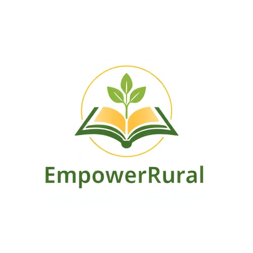 AI Design for Minimalist emblem for a rural skill development and education NGO named "EmpowerRural": A stylized seedling growing from an open book, symbolizing growth through knowledge and opportunity, within a clean, circular emblem. A warm and earthy color palette of forest green, golden yellow, and a touch of muted sky blue. A modern, rounded sans-serif font for the brand name. Design with a focus on organic shapes and a sense of natural progression, drawing influence from Scandinavian design and natural motifs. Visual execution should be simple, clean lines with subtle shading to create depth. White background.