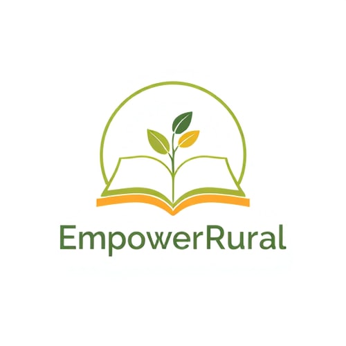 AI Design for Minimalist emblem for a rural skill development and education NGO named "EmpowerRural": A stylized seedling growing from an open book, symbolizing growth through knowledge and opportunity, within a clean, circular emblem. A warm and earthy color palette of forest green, golden yellow, and a touch of muted sky blue. A modern, rounded sans-serif font for the brand name. Design with a focus on organic shapes and a sense of natural progression, drawing influence from Scandinavian design and natural motifs. Visual execution should be simple, clean lines with subtle shading to create depth. White background.