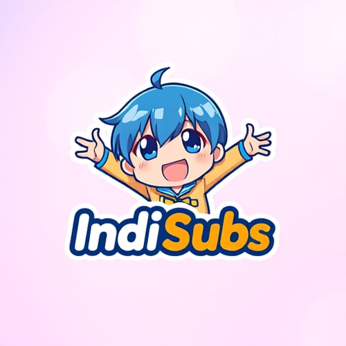 AI Design for Character logo for an anime subtitling service named Indi Subs: A dynamic chibi anime character in a playful pose, with their arms outstretched towards the viewer, appearing to be releasing subtitles. The character should be vibrant and energetic, evoking excitement and accessibility. Color palette of bright blues, energetic oranges, and a touch of clean white to represent speed, creativity, and clarity. Typography for "Indi Subs" should be a bold, slightly stylized sans-serif font with a subtle anime flair, perhaps with a slight glow. Design with a modern anime aesthetic, drawing inspiration from popular shonen and slice-of-life series. Visual execution details include sharp lines, expressive eyes, and a sense of movement. Background type should be a subtle, gradient background in shades of purple and pink, creating an ethereal and inviting atmosphere.