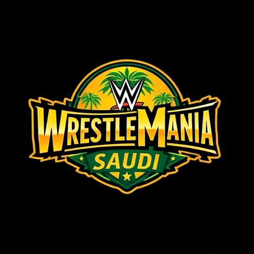 AI Design for so i wanna make wrestlemania saudi logo with wwe logo on it also palm tree and lighting too also moon too in a png form so can u make it tho? should've yellow and green color something related to saudi should've on it tho 