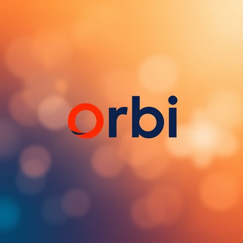 AI Design for create me a logo which should have gradiant orange and blue in the background i want blur background name is orbi add any symbols like square it should contain network