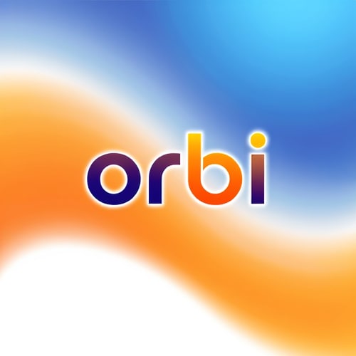 AI Design for create me a logo which should have gradiant orange and blue in the background i want blur background name is orbi