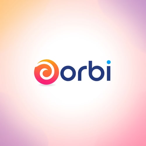 AI Design for create me a logo which should have gradiant orange and blue in the background i want blur background name is orbi
