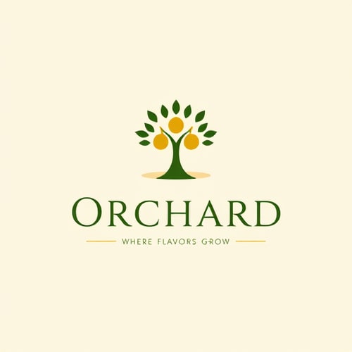AI Design for Elegant minimalist logo design for “Orchard Restaurant”. A luxurious emblem featuring a stylized orchard tree or pomegranate/olive cluster, integrated with subtle arabesque geometric patterns. Use a refined green and gold color palette on a clean neutral background. The design should look modern, premium, and globally appealing while resonating with Arab aesthetics. Include the tagline:“Where Flavors Grow” in sleek typography